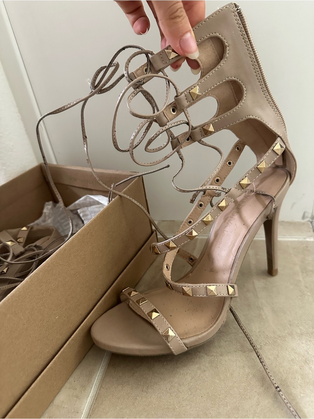 Women's Nude Studded Lace-Up High Heel Sandals